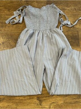 Smocked Striped Wide-Leg Jumpsuit - Light Blue
